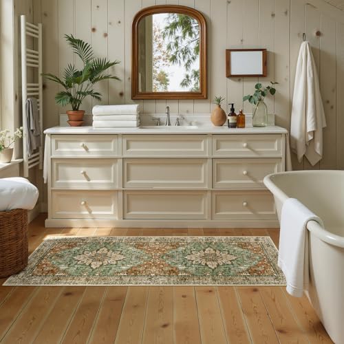 RELEANY Washable Area Rug, Runner 2'x5', Brick/Brown/Green | Non-Slip, Water Repellent, Pet Friendly, Easy to Clean, Vintage Floral Boho Decor for Kitchen Entry Bedroom Bedside Laundry - color: Brick/Brown/Green, size: 2' X 5' (Runner)
