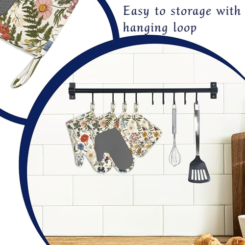 Wildflowers Butterfly Pot Holders and Oven Mitts Set Silicone Tropical Herbs Kitchen Gloves Potholders Heat Resistant Washable,Chef Cooking Baking Gifts for Women Men Bakers Lover Cooks - color: Wildflowers Butterfly,tropical Herbs