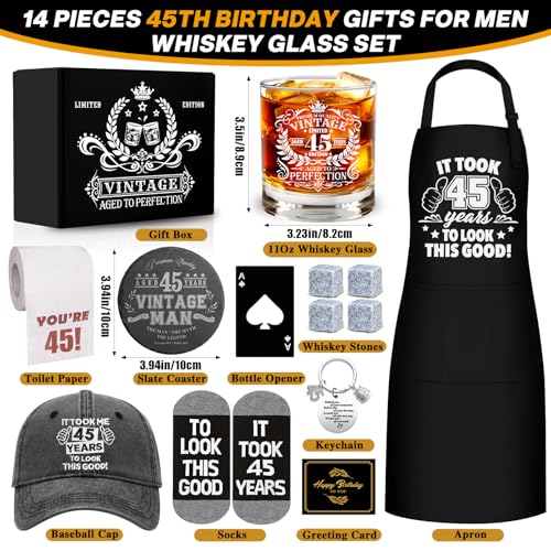 45th Birthday Gifts for Men Whiskey Glass Set, 45th Birthday Party Supplies with 11 Oz Whiskey Glass Coaster Stone Baseball Cap Apron Sock Toilet Paper Keychain for Him, Dad, Husband, Friends - style: 45th Birthday