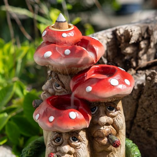 Pacific Giftware Whimsical Toadstool Mushroom Backflow Incense Burner with Faces, Red and White Polka Dot Design, Garden Gnome Style, Decorative Home Accent, Resin Decor 6.1" H