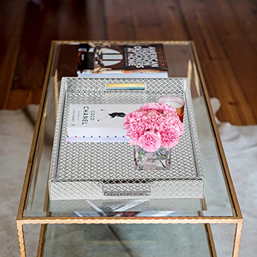 HofferRuffer Rectangle Serving Tray with Hole Handles for Coffee Table, Breakfast, Tea, Food, Butler - Countertop, Kitchen, Vanity Serve Tray, 16.2 x 12.2 x 2 inches, Faux Leather (Silver) - color: Silver
