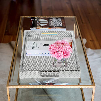HofferRuffer Rectangle Serving Tray with Hole Handles for Coffee Table, Breakfast, Tea, Food, Butler - Countertop, Kitchen, Vanity Serve Tray, 16.2 x 12.2 x 2 inches, Faux Leather (Silver) - color: Silver