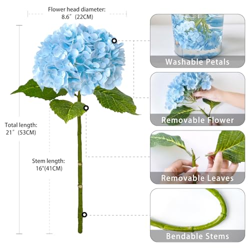 ZYTUYO 3 PCS Light Blue Artificial Hydrangea Fake Flowers 21'' Latex Lifelike Real Touch Large Bouquet Head with Long Stems Leaves for Centerpieces Party Home Wedding Silk Xmas Floral Decor | Lifelike Real Touch Latex Hydrangeas, for Home Decor, Outdoor W