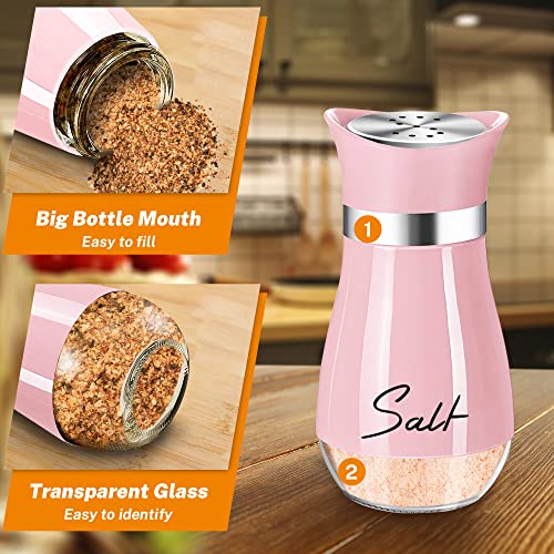 Salt and Pepper Shakers - 4 oz Pink Glass Set with Stainless Steel Lids | Refillable Glass Shakers with Stainless Steel Lids for Cooking, Dining, RV Trips, Camping and BBQs; 4 oz Capacity Each. - color: Pink
