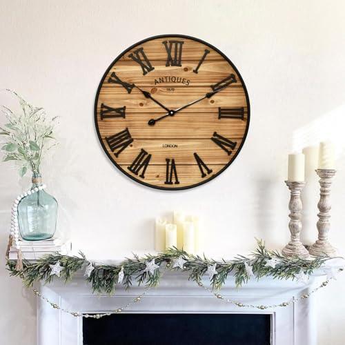 24 Inch Farmhouse Wall Clock - Antique Rustic Wood Finish, Silent Battery-Operated Timepiece with Stylish Decor for Home, Office, Kitchen, Bedroom & Living Room - size: 24 Inch