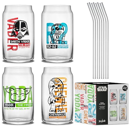 JoyJolt Star Wars Now Playing Collection Tumblers, 16.9oz Classic Can Shape Glass Tumbler Set of 4 w/Glass Straws - style: Star Wars