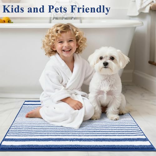 HEBE Chenille Bathroom Rugs Sets 3 Piece, Non Slip Washable Bath Mats Set | Absorbent Bathroom Mat Set, Soft Bath Rugs, Ultra Plush Bath Mat and U-Shaped Contour Toilet Rug Set for Tub Shower, Blue - color: Blue