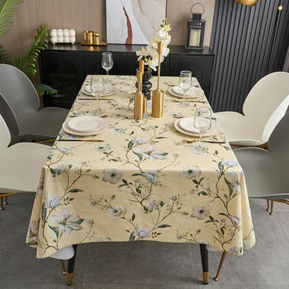 Pioggia Vinyl Tablecloth with Flannel Backing - Waterproof, Oil-Proof, Easy to Clean -Rectangle Plastic Table Cloth - Perfect for Dining Tables, Kitchen Tables, Parties - color: Beige Flower, size: 120" x 60" (Rectangular)
