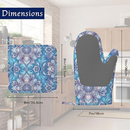 Mandela Flower Oven Mitts and Pot Holders Sets of 4 Abstract Boho Floral Heat Resistant Silicone Oven Mits Gloves Non-Slip Kitchen Mittens Potholders for Cooking Baking Grilling BBQ - color: Mandela Flower,abstract Boho Floral