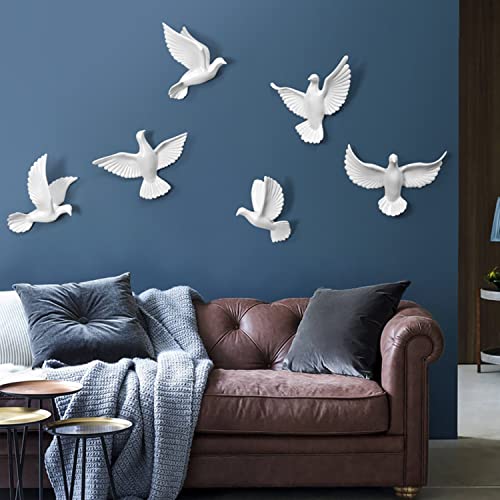 Dove Wall Art Decor Set - 6 Pieces 3D Resin Peace Pigeon Wall Sculptures for Indoor/Outdoor, Creativity Wall Hanging Birds Collection - color: White