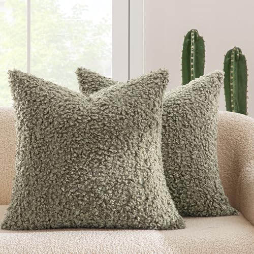MIULEE Decorative Faux Fur Pillow Covers Sherpa 18x18 Sage Green | Set of 2 Fuzzy Accent Couch Throw Pillows, Soft Sheepskin Fleece Pillowcases, Home Decor Sofa Livingroom Bed - color: Sage Green, size: 18" x 18" (Pack of 2)