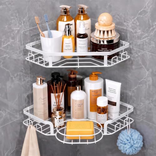 Corner Shower Caddy, Rustproof Shower Organizer with Soap Holder and 8 Hooks, No Drilling Adhesive Shower Shelves for Inside Shower, Large Capacity Shower Rack for Bathroom Shower Storage, White - color: White, size: Large