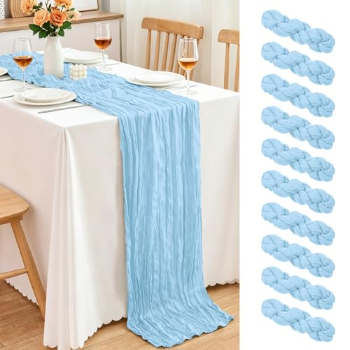 10 Pack Light Blue Cheesecloth Table Runner, 17x108 Inch Semi Sheer Boho Gauze Cheese Cloth Fabric Table Runners for Wedding Party Baby Shower Birthday Garden Farmhouse Table Decor - color: Light Blue, size: 10 Pack