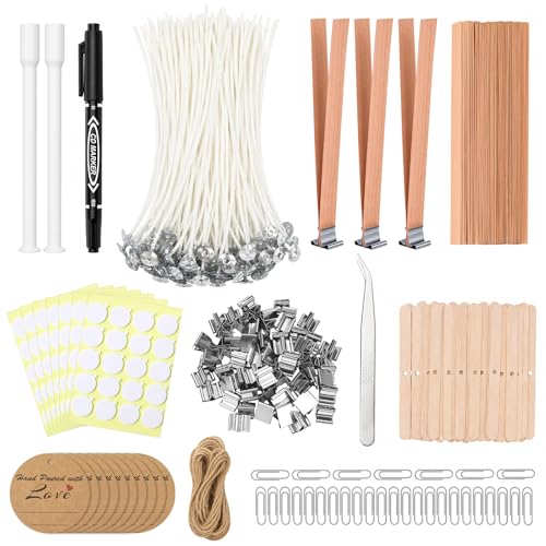 375Pcs Candle Making Kit, 6" Cotton & 5" Wood Wicks | Wick Holders, Candle Stickers, Tweezers, Pen, Use for DIY Candle Making, Home Craft & Gift - size: 6IN-130pcs