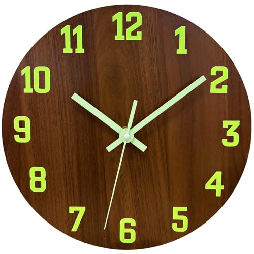 Glow in The Dark Wall Clock, 12 Inch Modern Silent Non Ticking Wall Clocks Battery Operated, Night Light Wall Clock for Living Room Decor, Wall Clocks Decorative for Kitchen Bedroom（Brown） - color: Brown, size: 12 Inch