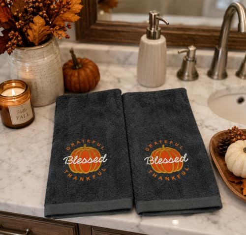 Harvest Fall Hand Towels for Bathroom: Plush Gray Grey Embroidered Grateful Thankful Blessed Orange Pumpkin Design for Bath, 100% Cotton, 16" x 25" Inches, Oeko-TEX Certified - color: Grateful