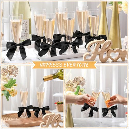 Zopeal 100 Pcs Plastic Champagne Flute Glasses and Bow Set 4.5 oz Gold Glitter Wedding Toasting Goblet 50 Pcs 3.5" Bow Reusable Unbreakable Stemware for Valentine Birthday Party - color: Black, style: Classic