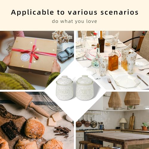 GDCZ 10 Oz Ceramic Salt and Sugar Bowls Set with Lid and Spoons (White) | Convenient Set of 2 for Kitchen, Includes Lids & Matching Spoons, 10oz Capacity, Embossed Pots - color: White