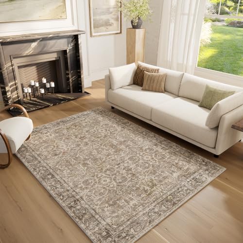 Machine Washable Rugs for Living Room: 5x7 Area Rugs for Bedroom | Ultra Soft,Non-Slip,Low Pile,Vintage Distress,Boho,Large,Carpet,High-Traffic,Dining Room,Nursery,Farmhouse Decor - color: Brown/Camel/Multi, size: 5' x 7' (Rectangular)