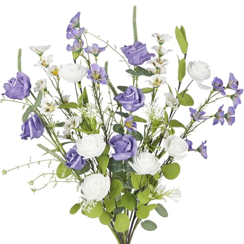 CISDUEO 8 Pcs Wildflowers Artificial Flowers Roses and Lily of the Valley Faux Wildflowers Summer Fake Flowers Spring Bunches Silk Floral Arrangement Wedding Party Decoration Table Centerpieces Home - color: 8 Pcs-white, Purple