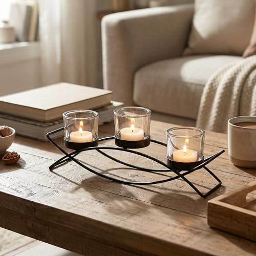 Iron Arch Table Centerpiece Decorations Long Candle Holder for Weddings, Patio, Kitchen, Dining Room, and Coffee Tables, Black, Clear Chunky 3 Cups | Votive Candle Holders, Wrought Iron 3 Cup Candelabra, Long Modern Coffee Console Decor, Black Finish, Cle