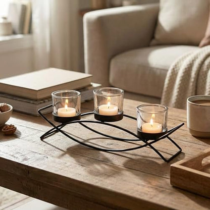 Iron Arch Table Centerpiece Decorations Long Candle Holder for Weddings, Patio, Kitchen, Dining Room, and Coffee Tables, Black, Clear Chunky 3 Cups | Votive Candle Holders, Wrought Iron 3 Cup Candelabra, Long Modern Coffee Console Decor, Black Finish, Cle