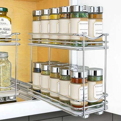 LYNK PROFESSIONAL® Pull Out Spice Organization for Cabinets - 4-3/8 inch Wide – Spice Rack for Inside Cabinets, Slide Out Spice Rack Organizer for cabinet – Pull Out Spice Rack, Sliding 2 Tier Chrome - color: Chrome, size: 4-1/4" - 2 Tier