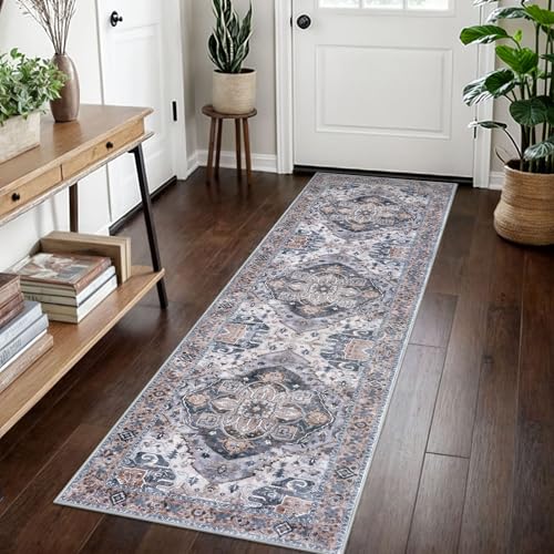 SIILOOM 2x7 Washable Runner Rug, Non Slip Soft Area Rug for Hallway Kitchen | Boho Vintage Spill & Stain Resistant Low Pile Carpet for Entryway Office Laundry Bedroom, Easy Clean - color: Ash Taupe Blue, size: 2' x 7' (Runner)