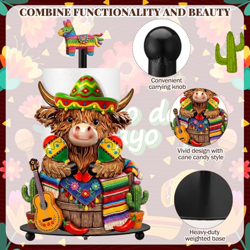 Cinco De Mayo Highland Cow Paper Towel Holder Mexican Taco Fiesta Kitchen Bathroom Decor Rustic Dispenser Kitchen Paper Holder Stand with Round Base for Countertop Toilet Home Accessories - style: Mexican