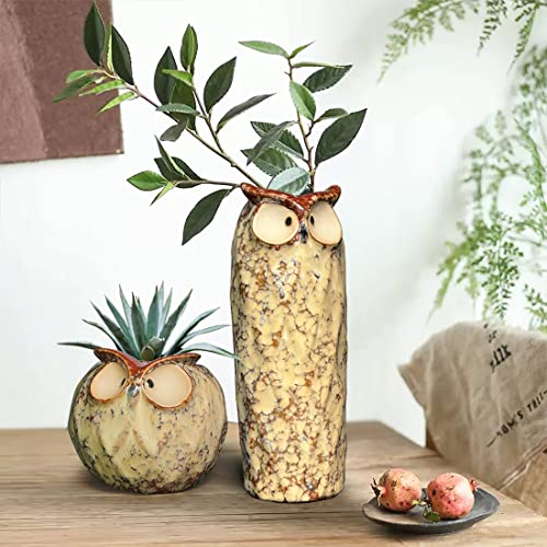 GeLive 9 Inch Owl Ceramic Vase, Farmhouse Flower Vase, Retro Owl Planter, String Pearl Succulent Pot for Bud Cutting Hydroponic Plant, Indoor Outdoor Home Decor, Cute Owl Fun Animal Cartoon Gift - size: 9" Tall