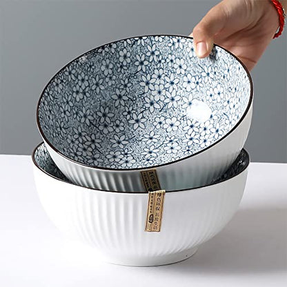 Houlu 60 oz Pho Bowls, Large Soup Bowl, Japanese Ramen Bowl Set, 8 inches Big Porcelain Bowls Set of 3, Wave Pattern - color: Floral Pattern