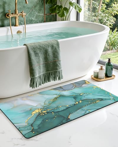 DEXI Bathroom Mat Ultra Thin, 43x24 Non Slip Bath Rug for Shower Floor, Absorbent Quick Dry Marble Bathmats Low Profile, Turquoise Green - color: Turquoise Green, size: 43" X 24" (Rectangular)