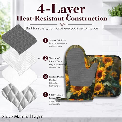Abstract Oil Painting Sunflower Oven Mitt and Pot Holder with Silicone Heat Resistant Kitchen for Cooking BBQ Baking Grilling Cooking Protection - color: Abstract Oil Painting Sunflower