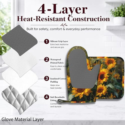 Abstract Oil Painting Sunflower Oven Mitt and Pot Holder with Silicone Heat Resistant Kitchen for Cooking BBQ Baking Grilling Cooking Protection - color: Abstract Oil Painting Sunflower