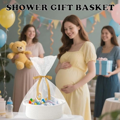 2 Pack Small Woven Rope Basket with Handles, Grey | Empty Gifts Basket with Bag and Ribbons, Cute Handle Organizer Box, Birthday/Baby Shower, Toy Storage - color: 2PC-White