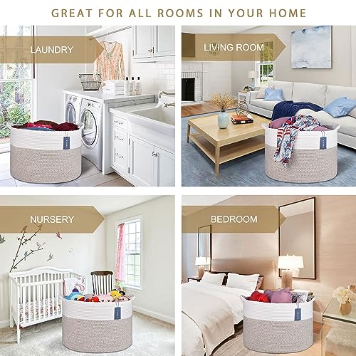 COMSE XXXLarge Woven Blanket & Laundry Basket, 87L, White & Light Brown | 21.7" x 13.8", Cotton Rope, Nursery Hamper for Storage of Toys Clothes Towels, Ideal for Living Room Bedroom Bathroom - color: White & Light Brown