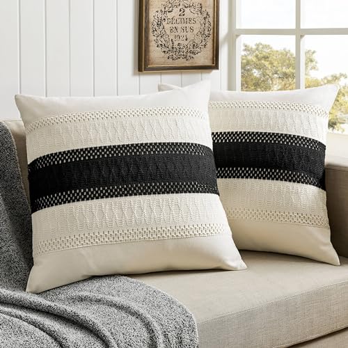 2 Pack Boho Throw Pillow Covers, Contrast Black 24x24in | Soft Breathable Cotton, Farmhouse Decorative Couch Pillow Cases, Cushion Covers for Sofa Bed Living Room Home Decor - color: Contrast/Black, size: 24" x 24" (Pack of 2)