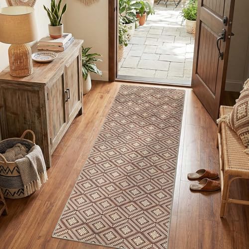 jinchan 2x6 Faux Jute Runner Rug Washable Hallway Rug Terracotta Brown | Vintage Geometric, Non-Slip, Low Pile, Indoor Outdoor, High-Traffic, Kitchen, Bathroom, Laundry, Porch, Balcony, Entryway - color: Terracotta Brown, size: 2' x 6' (Rectangular)
