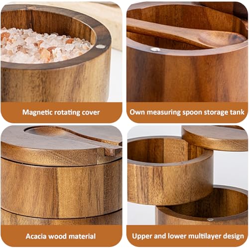 Salt Box with Swivel Lid & Spoon Double-Layer Wooden Salt Box with Lid Compact Stylish Cella with Magnetic Rotating for Spices & Seasonings