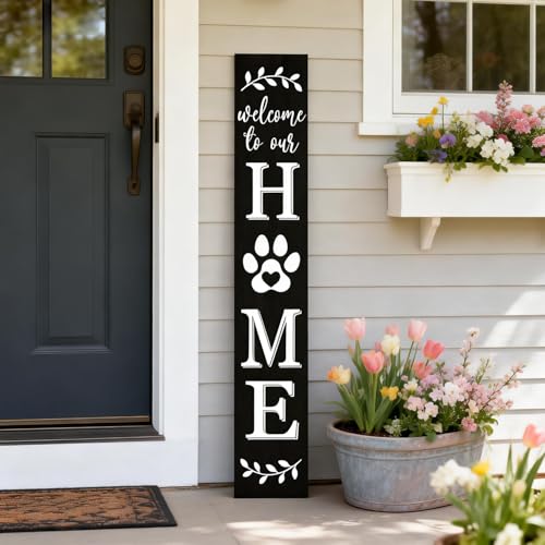 Welcome Sign for Front Door, Large 47 inch Wood Framed Welcome to Our Home Sign with Dog Paw Print Hanging Rope, Vertical Farmhouse Wooden Board Standing for Front Door Porch Patio Outdoor Decor - color: Black dog