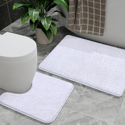Bathroom Rug Sets 2 Piece, 20"x20" U-Shaped & 21"×34", White | Toilet Mat Non Slip Bath Mats Floor Set, Washable Bath Rug Set, Absorbent Soft Bathroom Rug - color: White