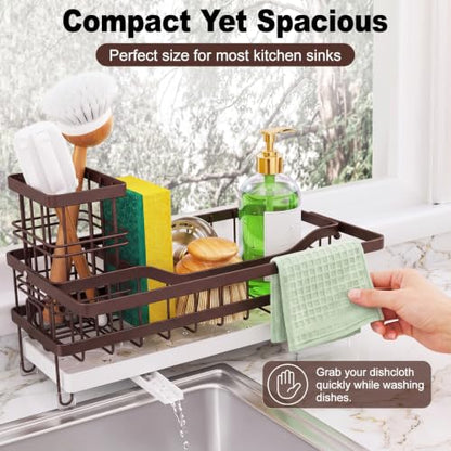 Sponge Holder for Kitchen Sink, Self-draining Sink Caddy with Towel Rack and Brush Holder, Metal Kitchen Countertop Organizers and Storage Essentials, Bronze - color: Bronze