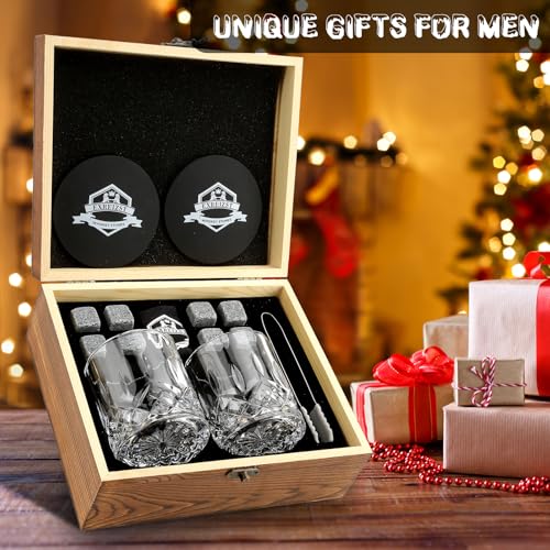 Whiskey Stones Gift for Men, Whiskey Glasses Set of 2 with Premium Wood Box | 8 Granite Chilling Whiskey Rocks, Scotch Bourbon Gifts for Men Him Dad Husband Boss, Ideal for Fathers Day, Birthday, Holiday - style: Straight Glasses+Granite Stones