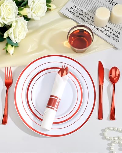 350 Piece Red Plastic Dinnerware Set for 50 Guests | Disposable Dinnerware Includes: 50 Dinner Plates, 50 Dessert Plates, 50 Pre Rolled Napkins with Silverware, 50 Cups - color: White Red, style: 350 Piece (50 guests)