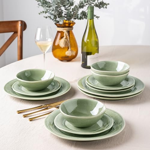 AmorArc Ceramic Dinnerware Sets for 4, Handmade Plates and Bowls Sets | Stoneware Reactive Glaze Dish Set, Scratch Resistant, Dishware Set for Kitchen Wedding, Dishwasher & Microwave Safe, 12 Pcs - color: Olive Green