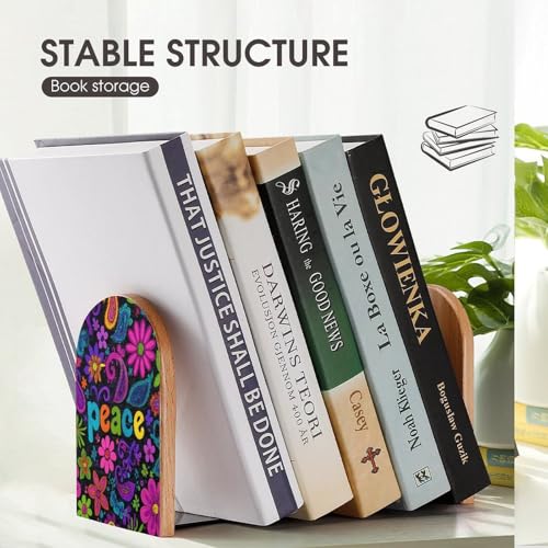 Colorful Flowers Peace Signs Abstract Wooden Bookends Shelves 2 PCS Sturdy Book Holders Desktop Organizer for Home Office Libraries