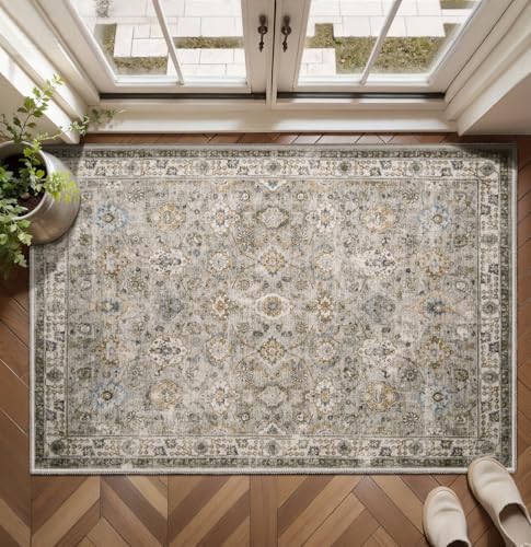Tangsoo 2x3 Small Throw Rugs for Entryway,Washable Boho Entry Rug Non Slip | Vintage Beige Floral Indoor Rugs Distressed Grey Small Carpet Soft Low Pile Gray Door Mat for Entrance Bedroom Kitchen Foyer - color: Distressed Beige Grey, size: 2' X 3' (Rectan