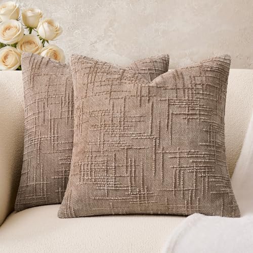 Throw Pillow Covers Neutral Khaki Set of 2 18x18 Inch Pillow Covers, Soft Chenille Decorative Pillowcases for Couch Sofa Bed Living Room, Home Boho Decor, Modern Farmhouse Cushion Covers - color: Khaki, size: 18" x 18" (Pack of 2)