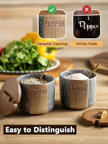 Salt and Pepper Containers for Countertop, Ceramic Salt Pepper Bowls | 10 OZ Salt Cellar with Wooden Lid and Spoons, Farmhouse Salt and Pepper Set of 2, Marble Design, Easy Access, Gray - color: Gray, size: Set of 2