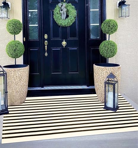 Striped Outdoor Rug 24"x51",Washable Black and Beige Front Door Mat | Hand-Woven Cotton Farmhouse Front Porch Rug for Entryway, Laundry Room Home Entrance Decor - color: Beige Black, size: 2' x 4'3" (Rectangular)